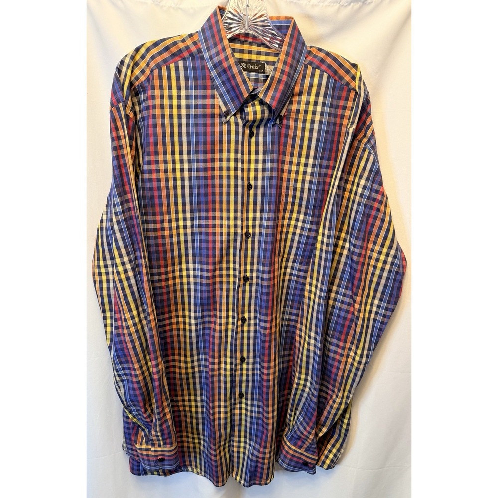 St. Croix Men's XL Tall Button Down Shirt Blue Multi Color Plaid Made in Italy